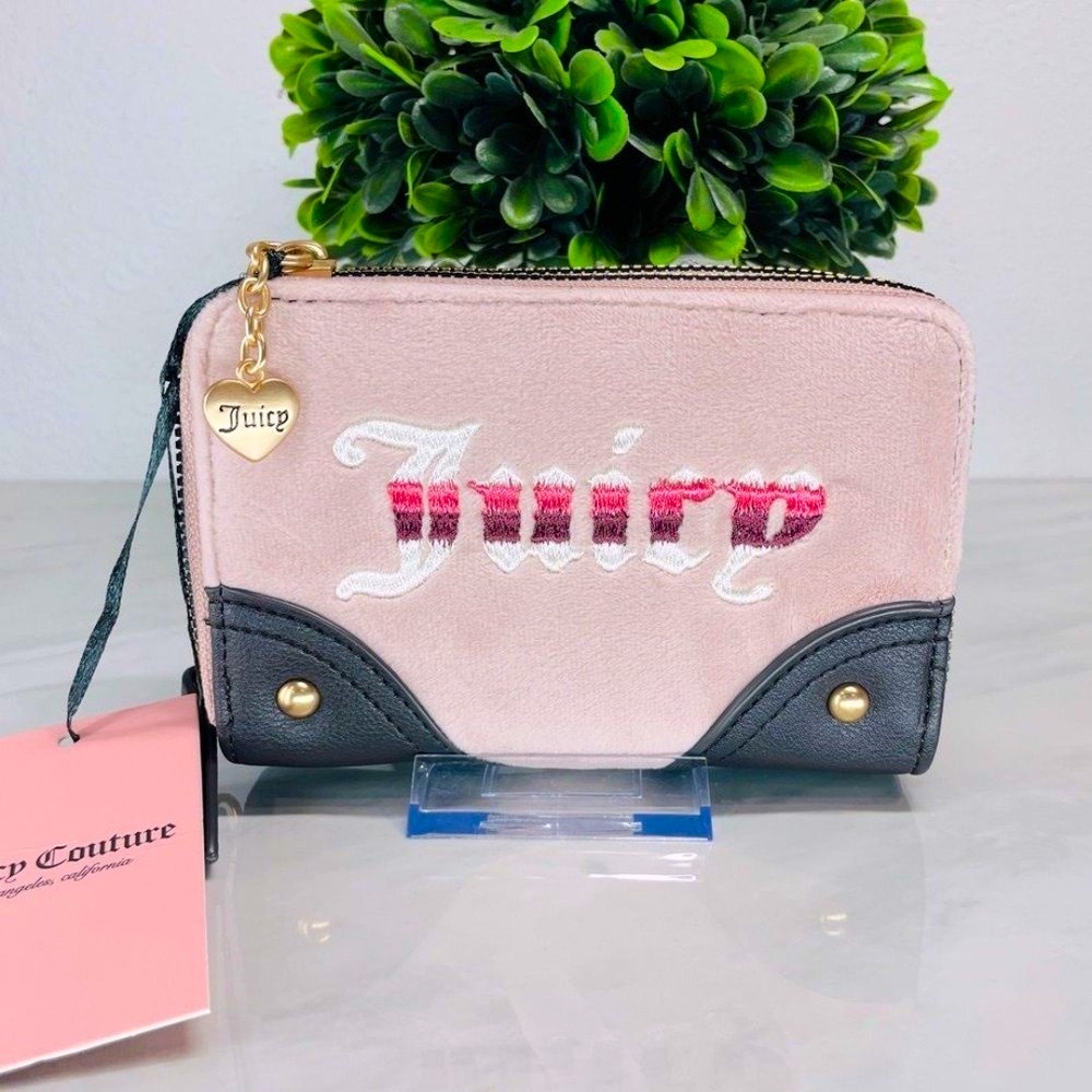 NEW Juicy Couture Pink Velour Black Double Zip Wallet Embroidered Logo Heartβ